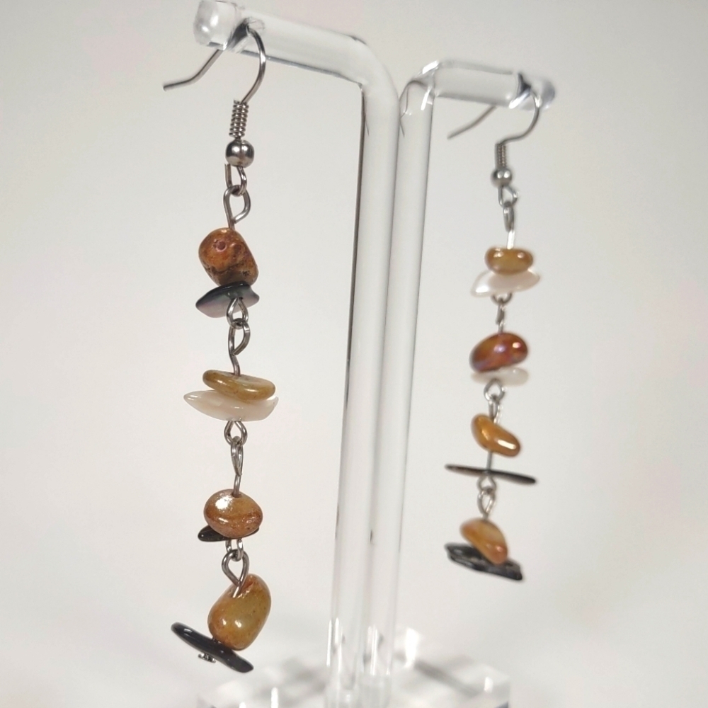 Handmade Iridescent Glazed Stone and MOP Chip Fishhook Post Earrings